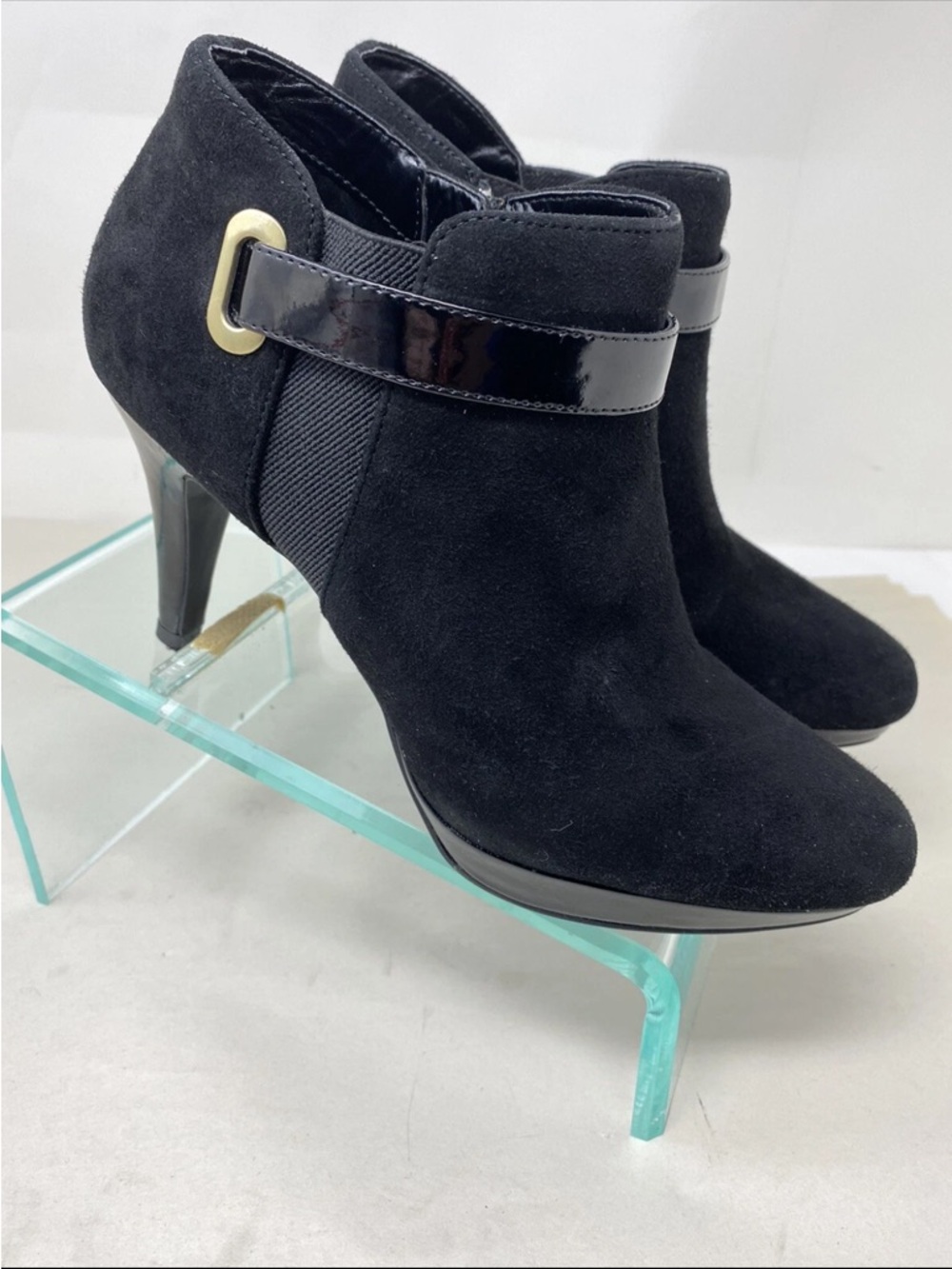 Bandolino Black Suede Ankle Booties with Patent Strap and Gold Accent